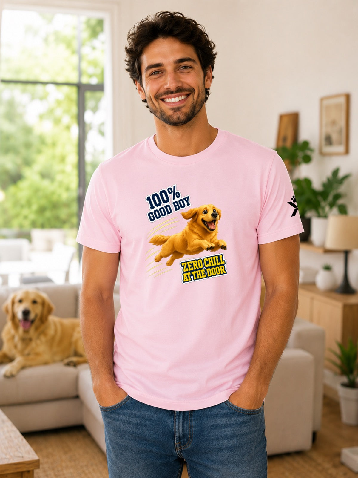 NOMAiX PAWS Golden Retriever T-Shirt for Men - 100% Good Boy Zero Chill at the Door - Funny Dog Dad Gift Tee - Pink - Lifestyle