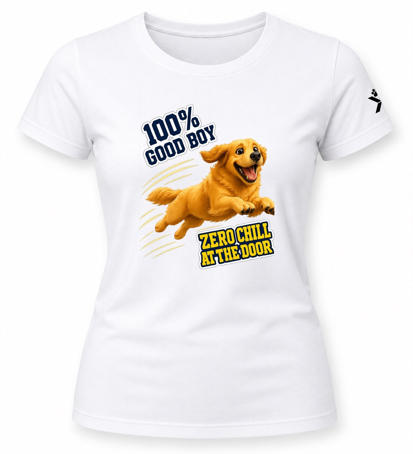NOMAiX PAWS Golden Retriever T-Shirt for Women - 100% Good Boy Zero Chill at the Door - Funny Dog Mom Gift Tee - White - Flat
