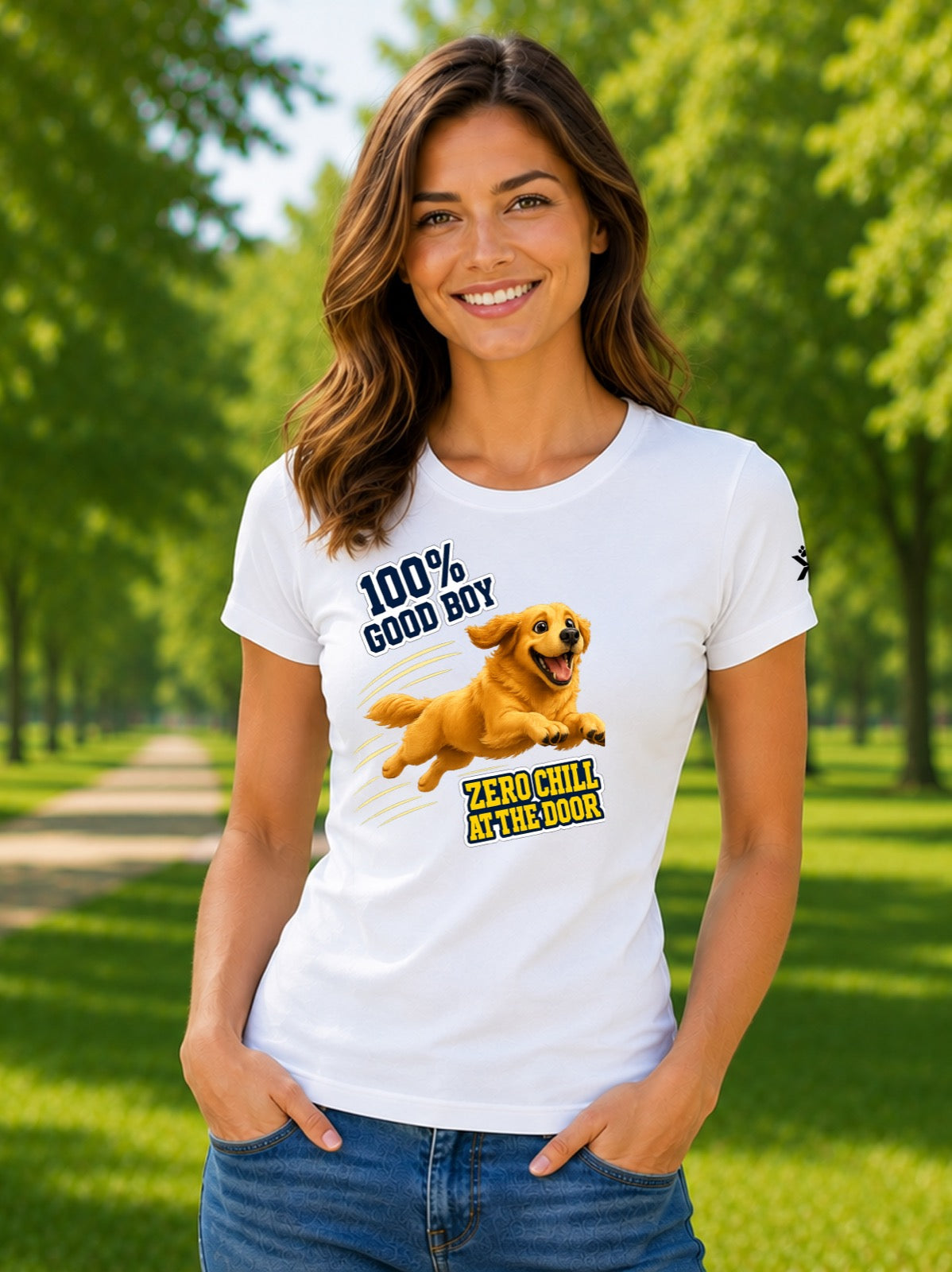 NOMAiX PAWS Golden Retriever T-Shirt for Women - 100% Good Boy Zero Chill at the Door - Funny Dog Mom Gift Tee - White - Lifestyle