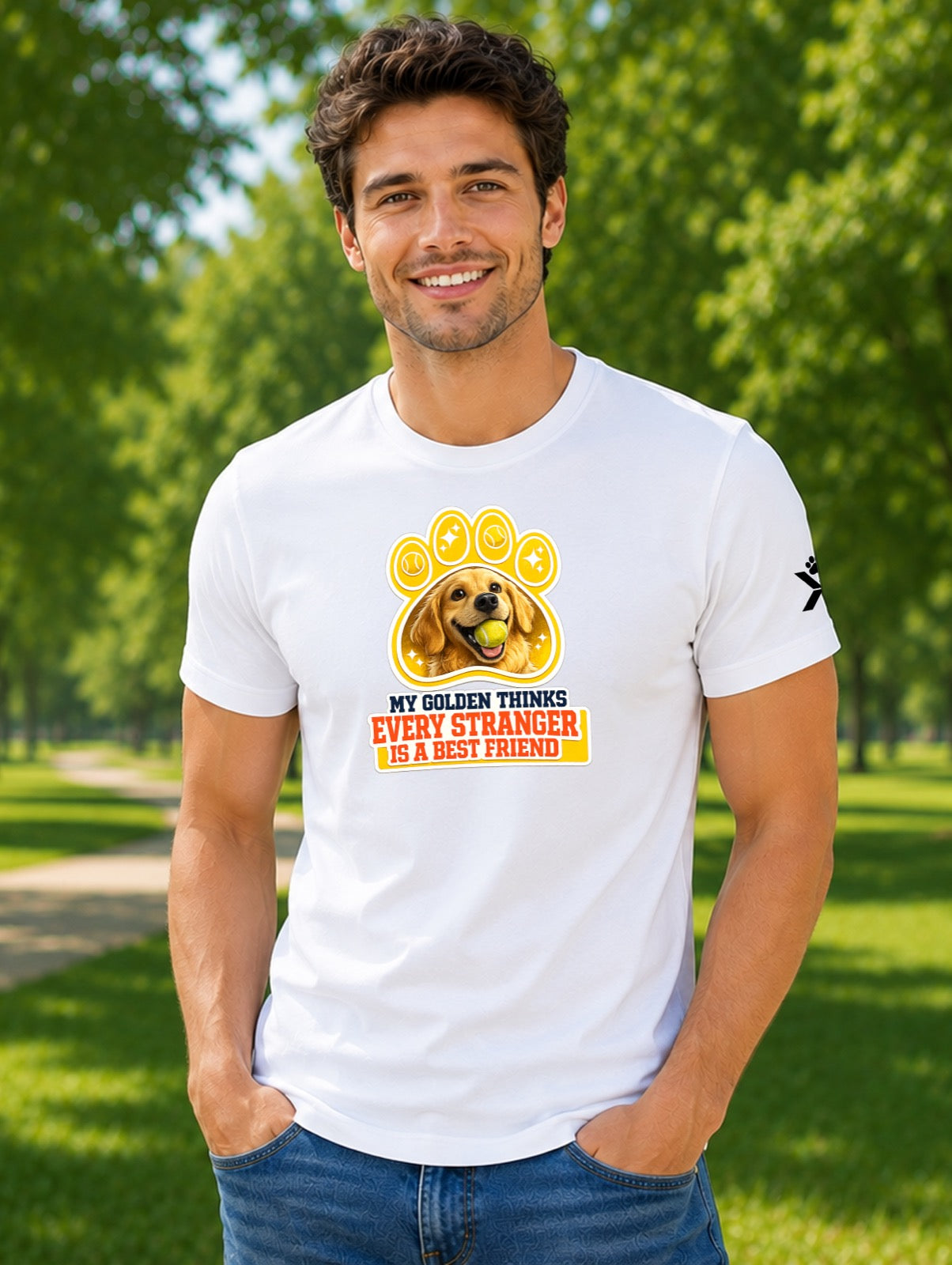 NOMAiX PAWS Golden Retriever T-Shirt for Men - My Golden Thinks Every Stranger Is a Best Friend - Funny Dog Dad Gift Tee - White - Lifestyle