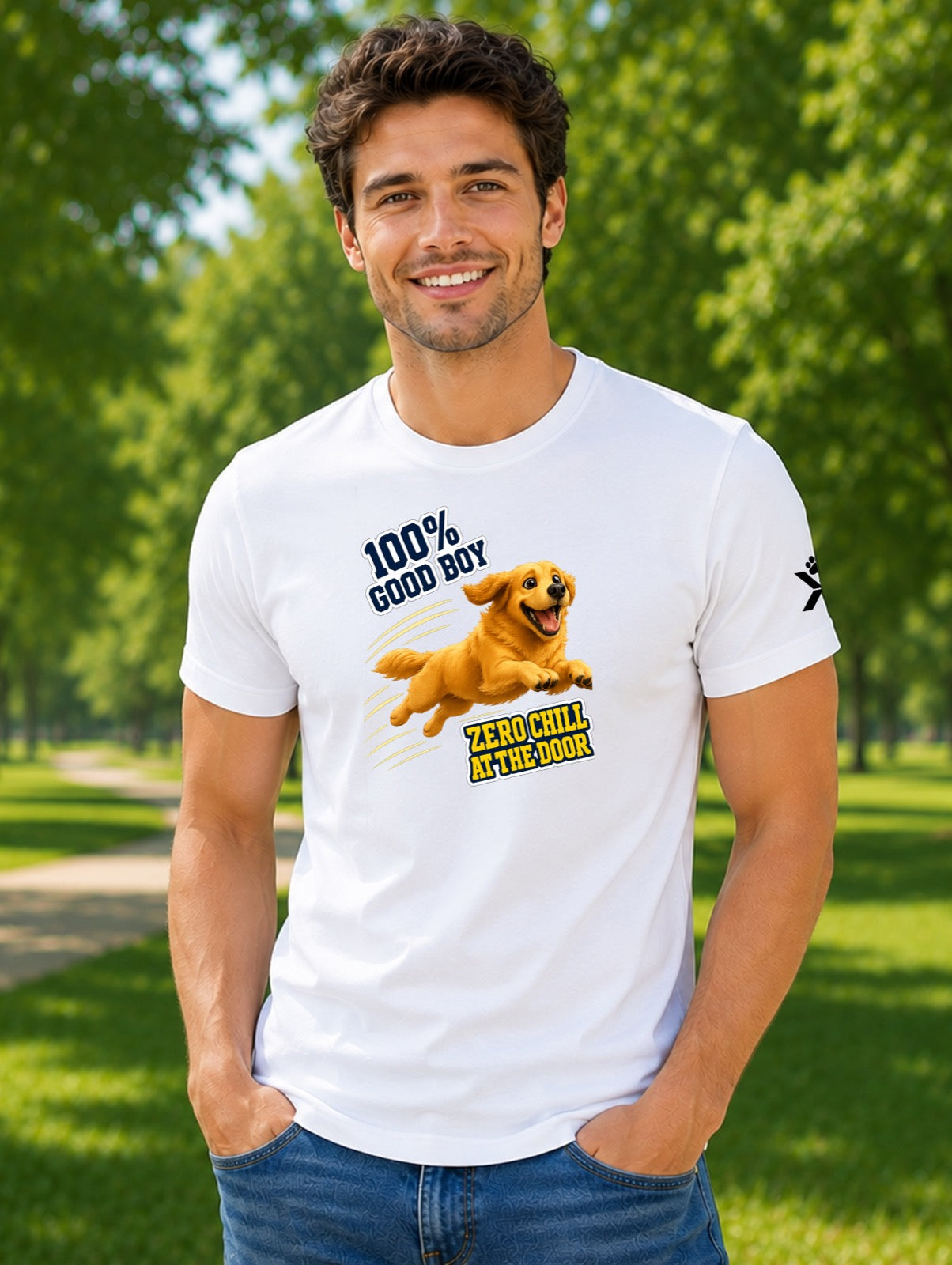 NOMAiX PAWS Golden Retriever T-Shirt for Men - 100% Good Boy Zero Chill at the Door - Funny Dog Dad Gift Tee - White - Lifestyle