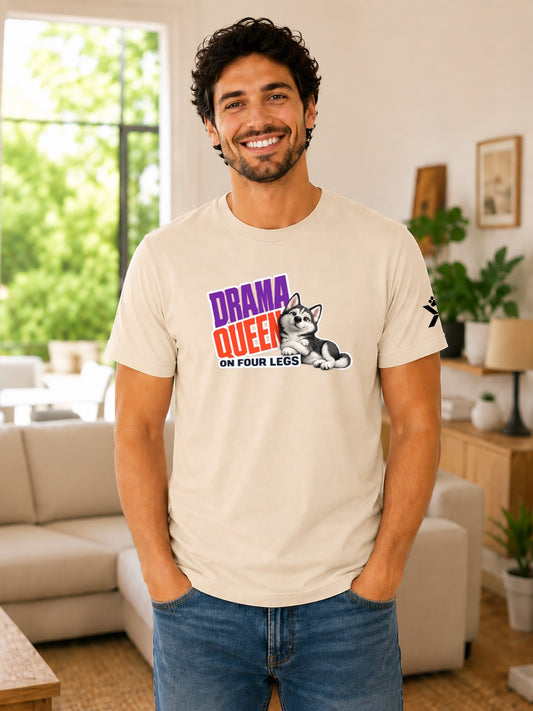 NOMAiX PAWS Husky T-Shirt for Men - Drama Queen on Four Legs - Funny Dog Dad Gift Tee - Beige - Lifestyle