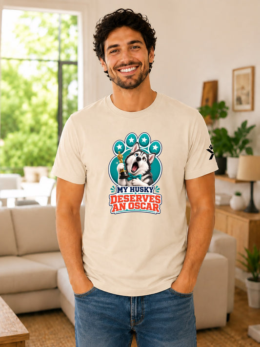 NOMAiX PAWS Husky T-Shirt for Men - My Husky Deserves an Oscar - Funny Dog Dad Gift Tee - Beige - Lifestyle