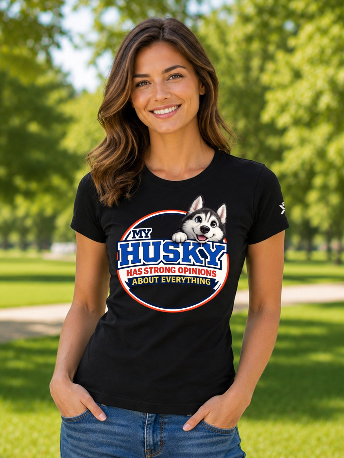 NOMAiX PAWS Husky T-Shirt for Women - My Husky Has Strong Opinions About Everything - Funny Dog Mom Gift Tee - Black - Lifestyle