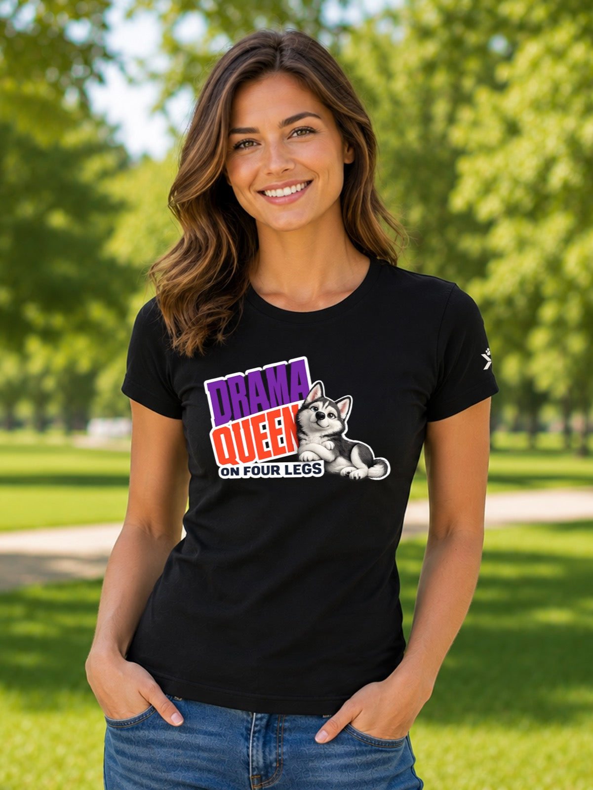 NOMAiX PAWS Husky T-Shirt for Women - Drama Queen on Four Legs - Funny Dog Mom Gift Tee - Black - Lifestyle