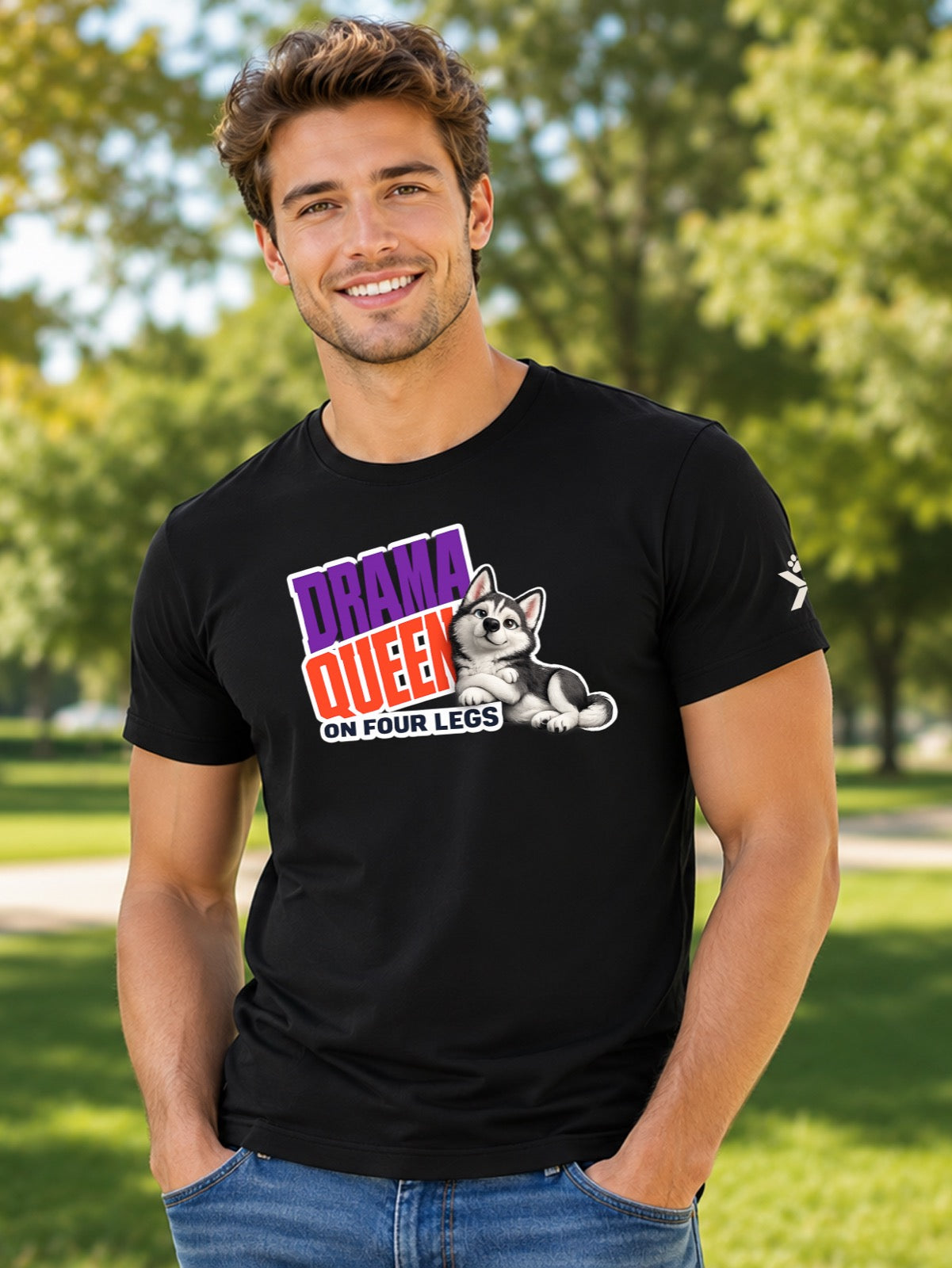 NOMAiX PAWS Husky T-Shirt for Men - Drama Queen on Four Legs - Funny Dog Dad Gift Tee - Black - Lifestyle