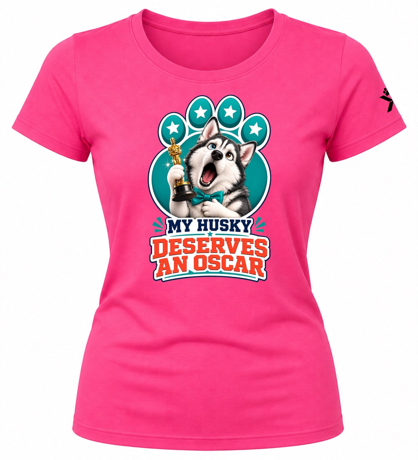 NOMAiX PAWS Husky T-Shirt for Women - My Husky Deserves an Oscar - Funny Dog Mom Gift Tee - Bright Pink - Flat