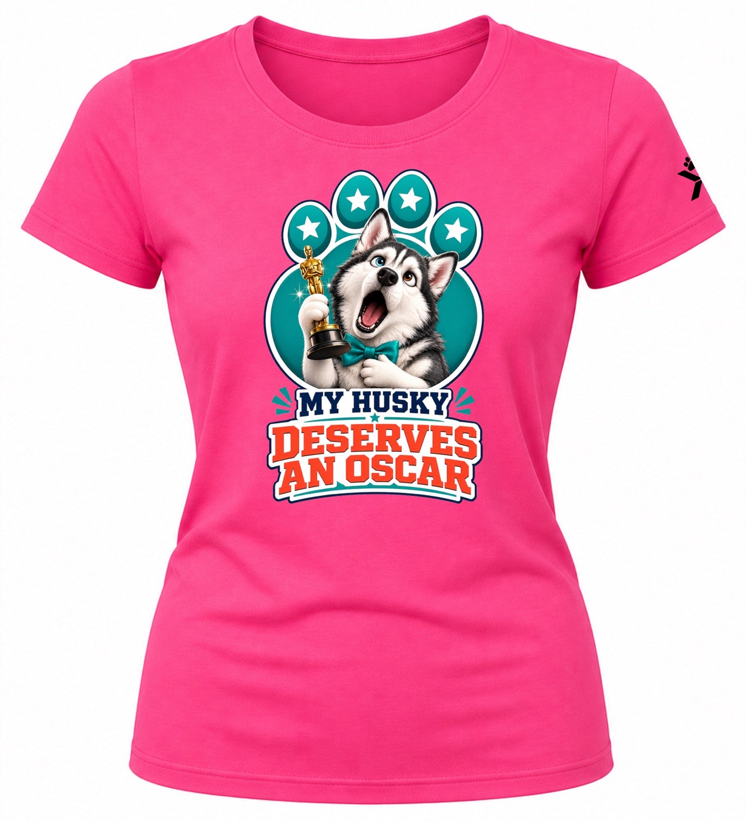 NOMAiX PAWS Husky T-Shirt for Women - My Husky Deserves an Oscar - Funny Dog Mom Gift Tee - Bright Pink - Flat