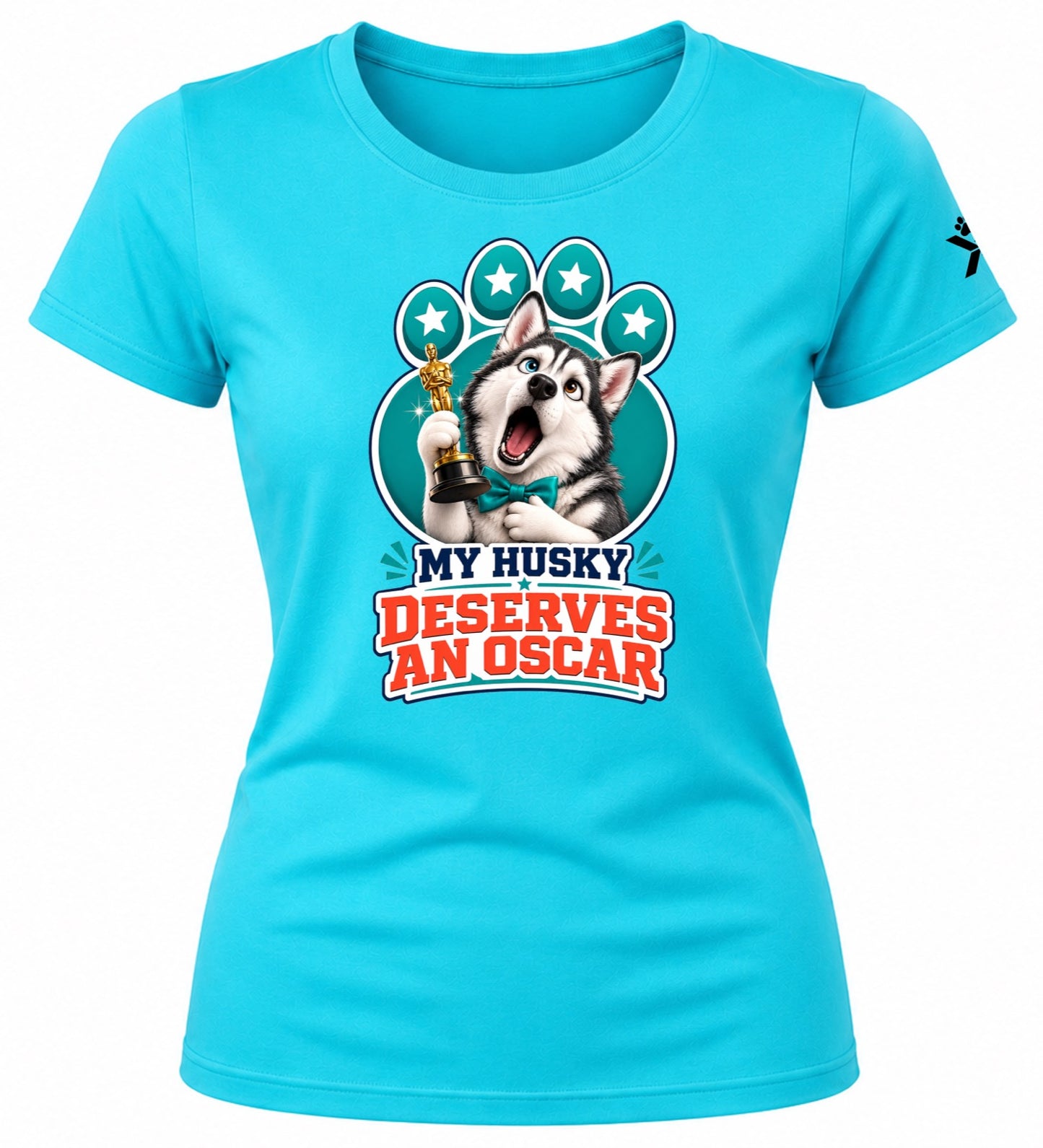 NOMAiX PAWS Husky T-Shirt for Women - My Husky Deserves an Oscar - Funny Dog Mom Gift Tee - Cyan - Flat