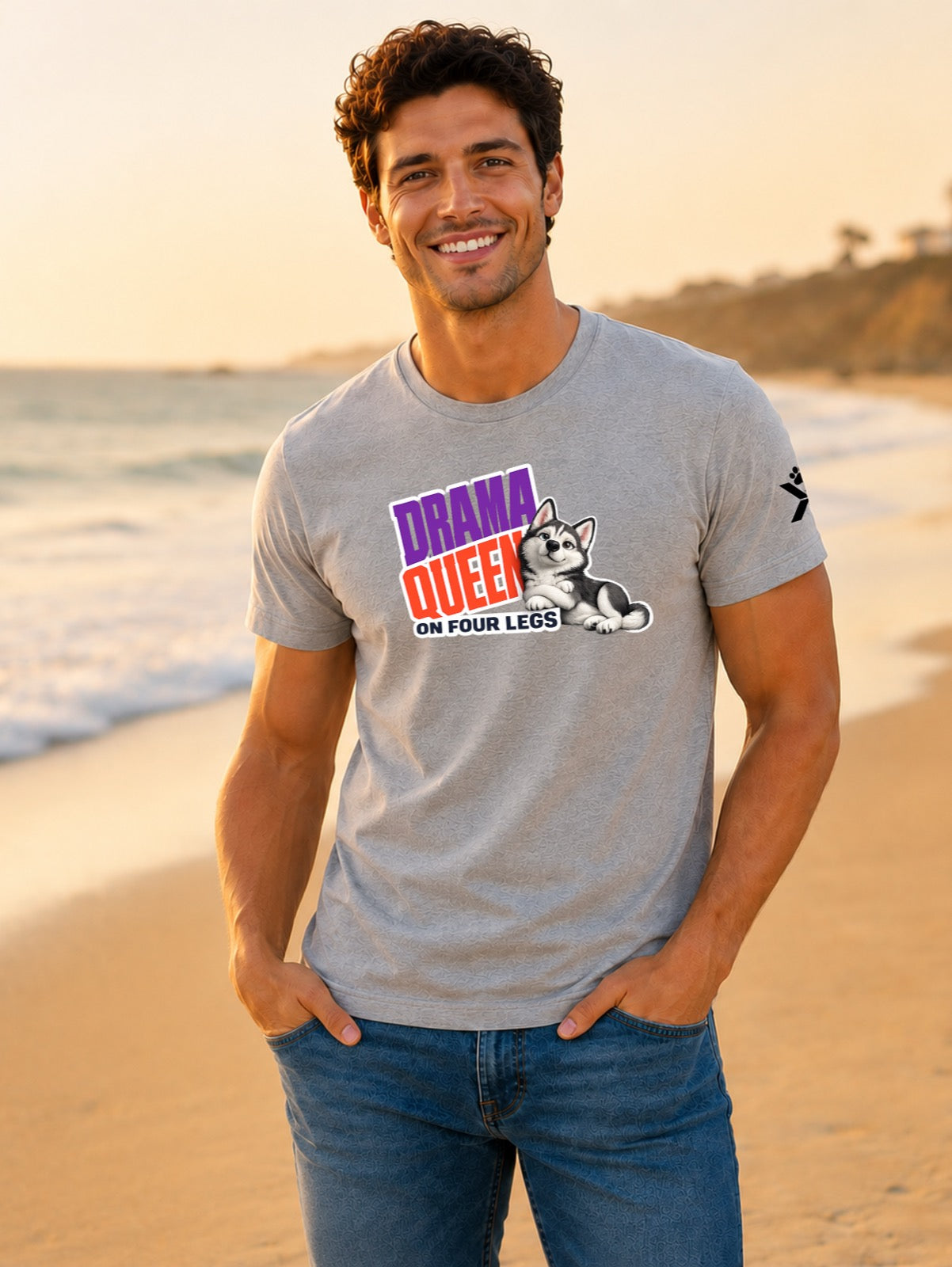 NOMAiX PAWS Husky T-Shirt for Men - Drama Queen on Four Legs - Funny Dog Dad Gift Tee - Grey - Lifestyle