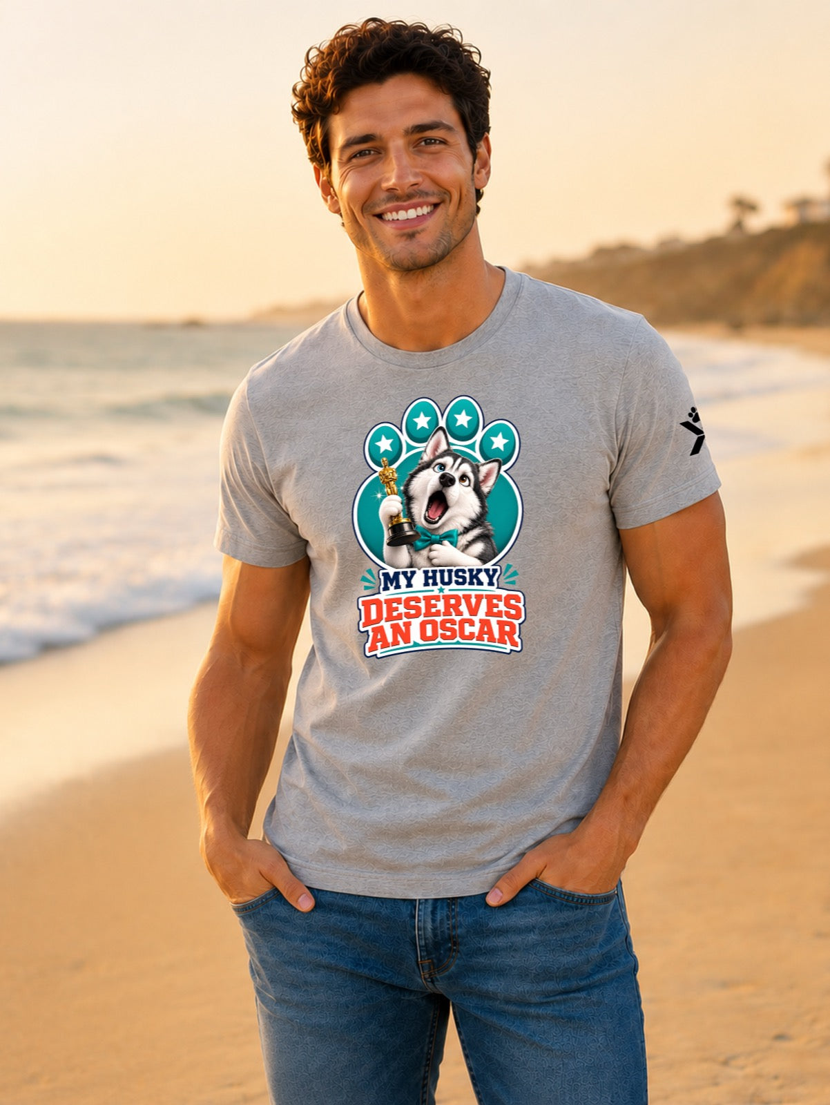 NOMAiX PAWS Husky T-Shirt for Men - My Husky Deserves an Oscar - Funny Dog Dad Gift Tee - Grey - Lifestyle