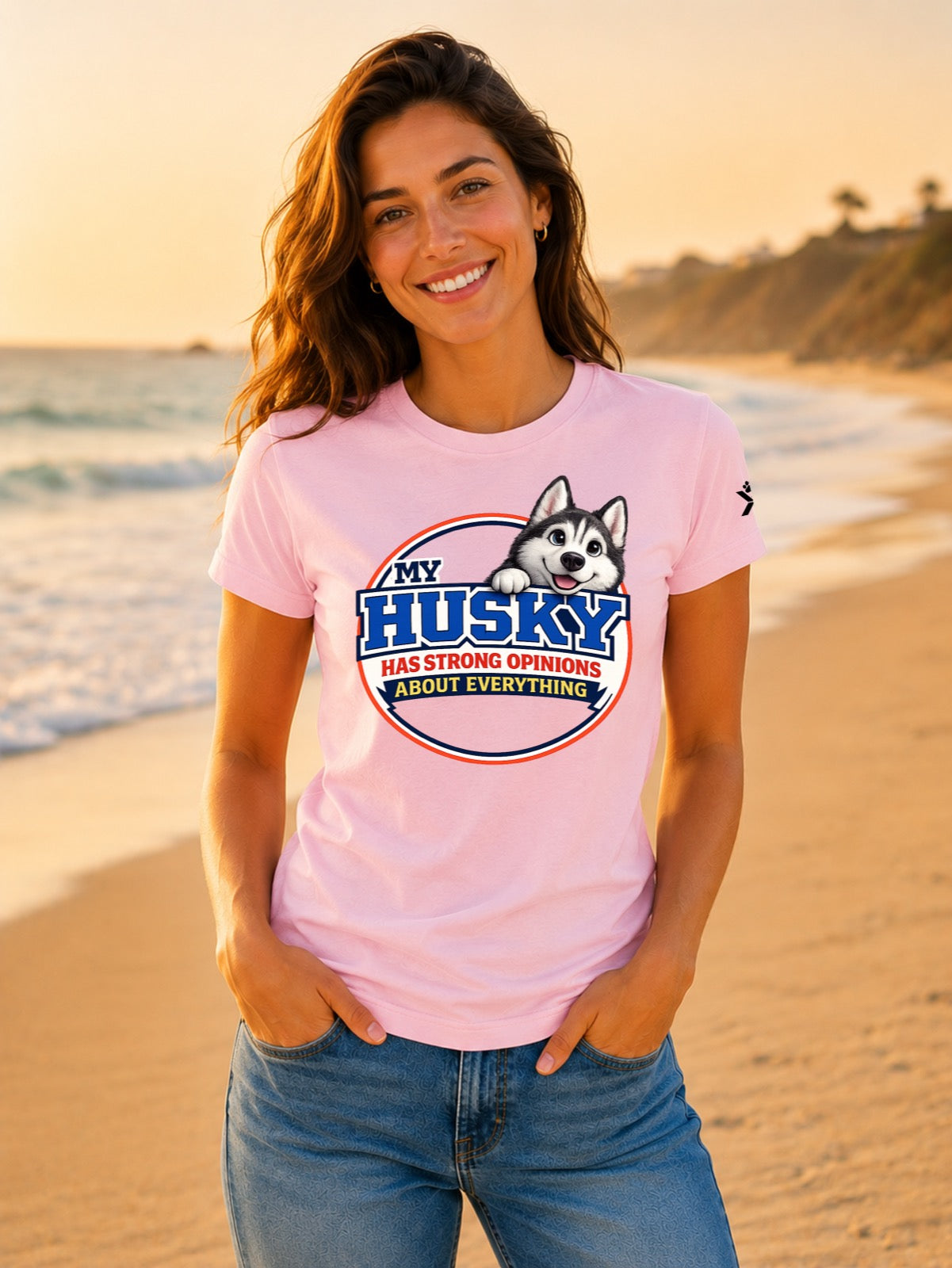 NOMAiX PAWS Husky T-Shirt for Women - My Husky Has Strong Opinions About Everything - Funny Dog Mom Gift Tee - Baby Pink - Lifestyle