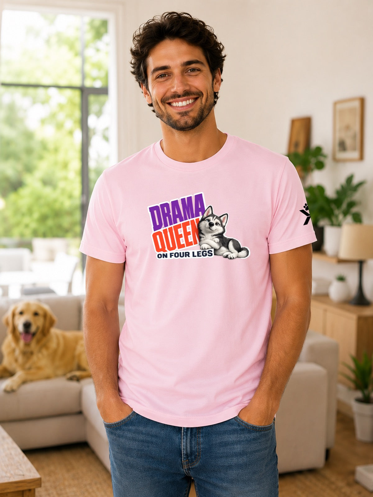 NOMAiX PAWS Husky T-Shirt for Men - Drama Queen on Four Legs - Funny Dog Dad Gift Tee - Pink - Lifestyle