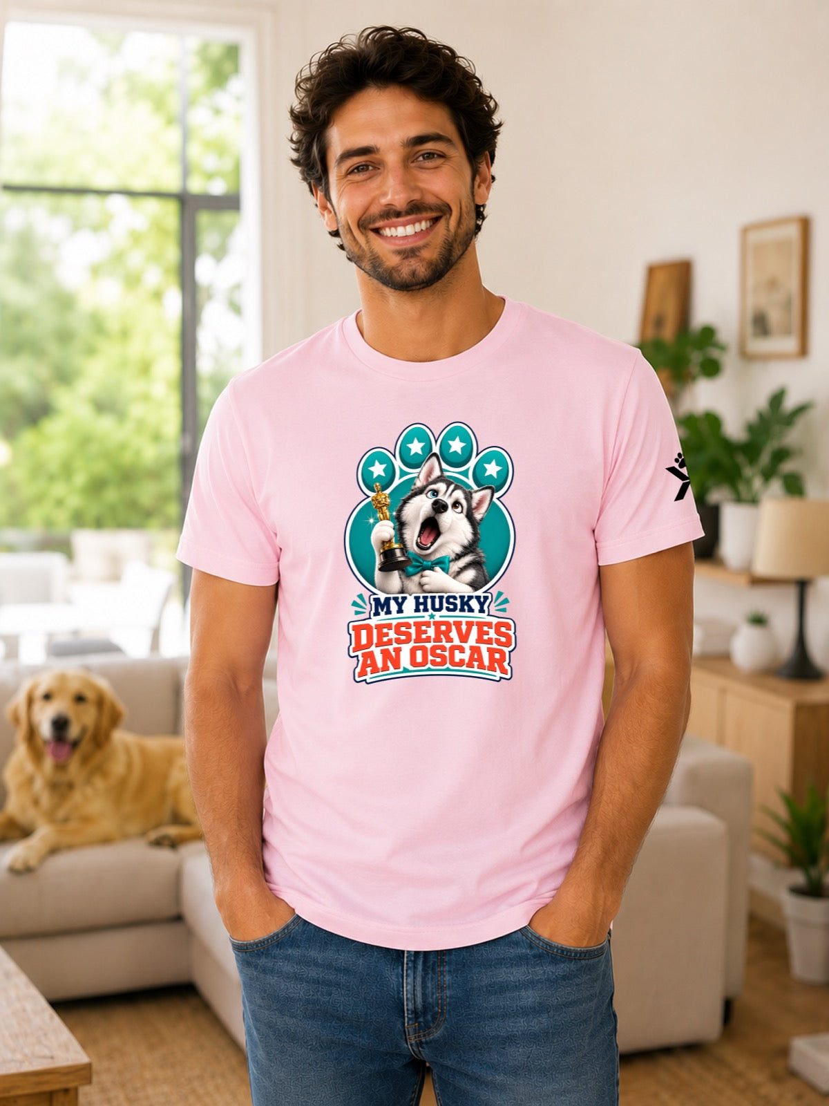 NOMAiX PAWS Husky T-Shirt for Men - My Husky Deserves an Oscar - Funny Dog Dad Gift Tee - Pink - Lifestyle