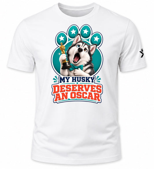 NOMAiX PAWS Husky T-Shirt for Men - My Husky Deserves an Oscar - Funny Dog Dad Gift Tee - White - Flat