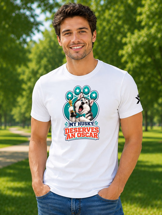 NOMAiX PAWS Husky T-Shirt for Men - My Husky Deserves an Oscar - Funny Dog Dad Gift Tee - White - Lifestyle