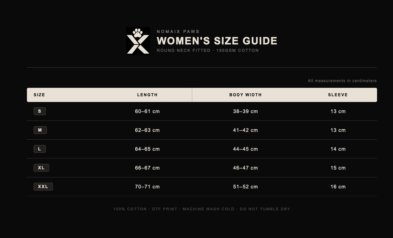 NOMAiX PAWS Sizing Chart - Women