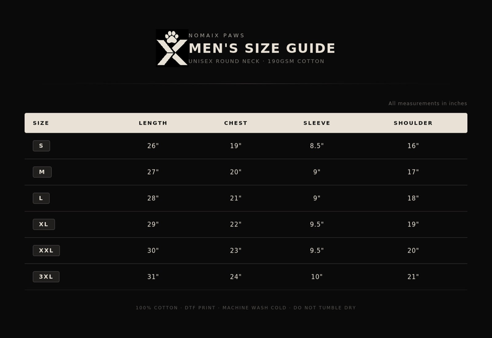 NOMAiX PAWS Sizing Chart - Men